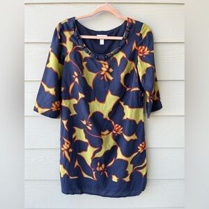 Loft blue and green floral quarter sleeve box dress size 2